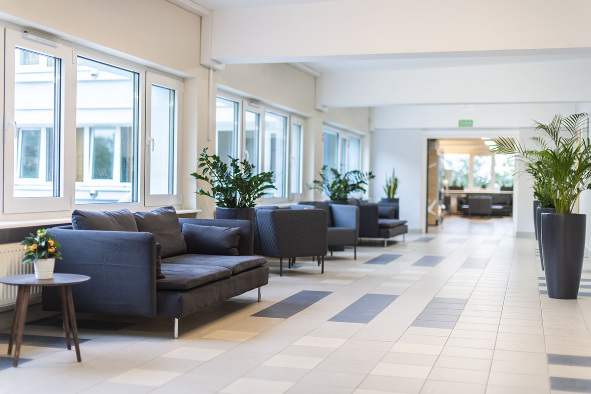 corridor in the hostel with seating